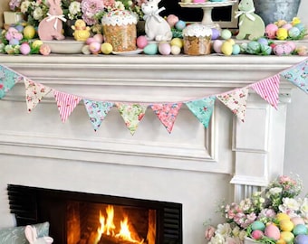 Bunting Decoration, Pastel Pennant Banner, Fabric Spring Decor, Floral Garlands