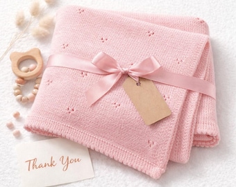 Pink Knitted Baby Blanket – Soft Eyelet Swaddle, Nursery Decor
