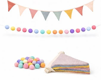 Pastel Muslin Bunting Banner and Pom Pom Garland Set, Nursery Party Decor