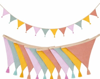 Cotton Fabric Bunting Banner with Tassels, Pastel Boho Pennant Flags, Nursery Decor