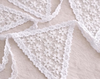 White Floral Lace Bunting Banner, Wedding Garland, Bridal Nursery Decor
