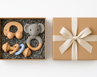 Set di scatole all'uncinetto per neonati, giocattoli in legno, regalo per neonati, regali per la mamma