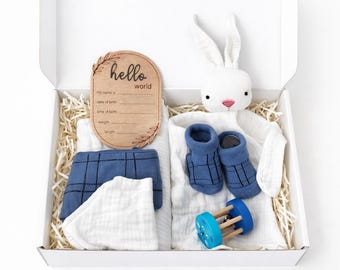 Regalo per neonato, set blu e bianco, regalo Hello World, giocattolo in cotone