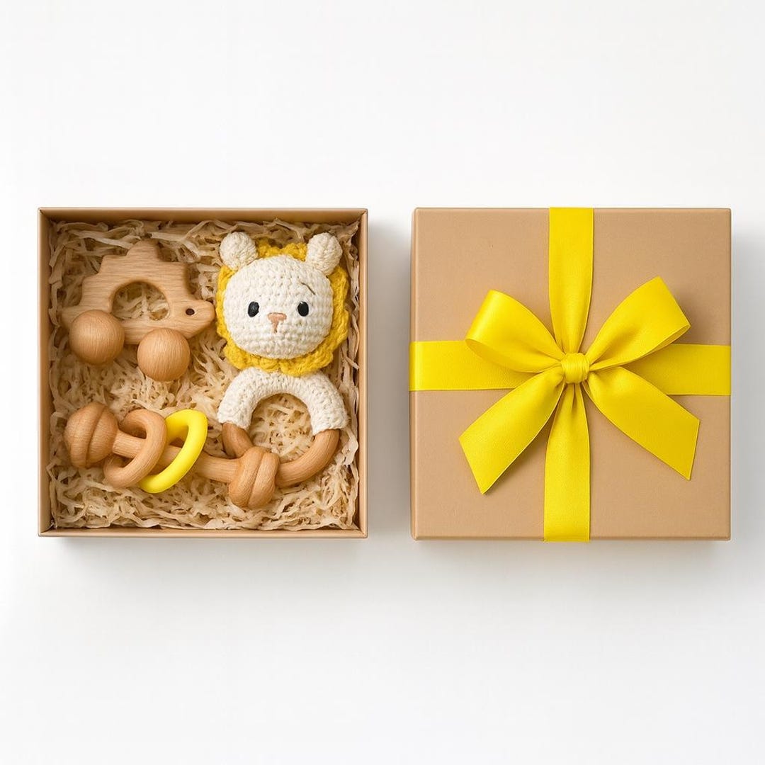 Lion Box Set, Wooden Baby Toys, Newborn Gift Box, Baby Shower, Zoo Gift ...