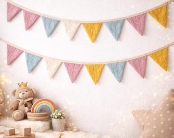 Handmade Cotton Bunting Banner, Pastel Boho Nursery Garland, Baby Room Wall Hanging