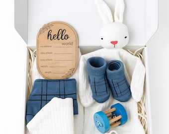 Neutral Newborn Baby Gift Box – Blue White Boy Set, Hello World Gift