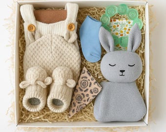 Newborn Knit Gift Set: Romper, Bear Hat, Bunny Lovey (3-6 Months)
