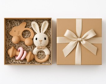 Crochet Box Present, Wooden Organic Toys, Newborn Gift, Baby Shower, Lion, Bunny, Elephant