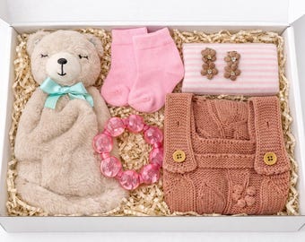 Gift Set Box for Girl, Dust Pink Newborn Outfit & Teddy Bear | Baby Shower Present 3–6M