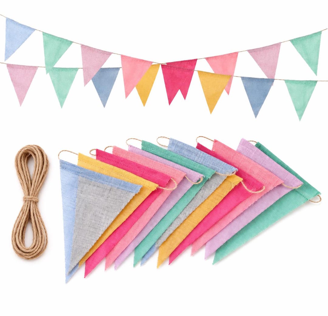 Pastel Burlap Bunting Banner, 12 Colorful Triangle Flags, Rustic Party ...