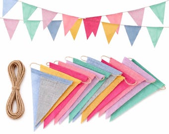 Pastel Burlap Bunting Banner, 12 Colorful Triangle Flags, Rustic Party Garland