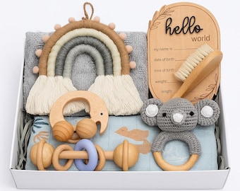 One of a Kind Baby Gift Box,Elephant Baby Rattle Set – Wooden & Crochet Teether Toys, Neutral Newborn Gift, Montessori Sensory Toy