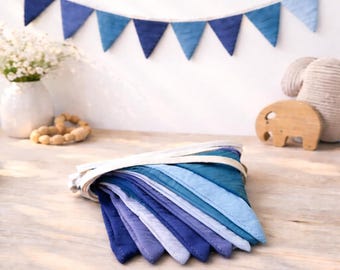 Cotton Fabric Bunting Banners, Pastel Blue Pennant Flags, Fabric Nursery Decor