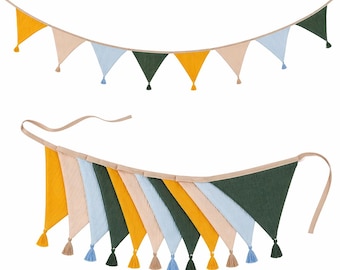 Cotton Fabric Bunting Banner with Tassels, Pastel Boho Pennant Flags, Nursery Decor
