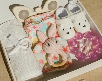 Baby Gift Set Box Muslin Outfit and Bunny Rattle Newborn Hospital Going Home Outfit