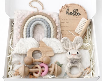 Easter Baby Gift Set, Unisex Baby Born Box, Bunny Lovey, Wooden Teething