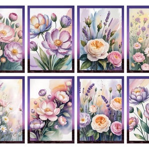 May include: Eight watercolour floral art prints. Each print features a different arrangement of flowers in shades of pink, purple, and white, with green leaves. The prints have a purple border and are set against a soft, colourful background.