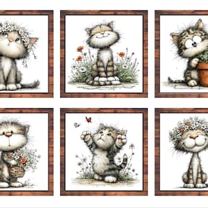 May include: Six framed art prints showcasing charming cartoon cats. Each cat is in a different pose, some with floral headbands or holding flowers, set against a white backdrop. The frames are a warm brown colour.