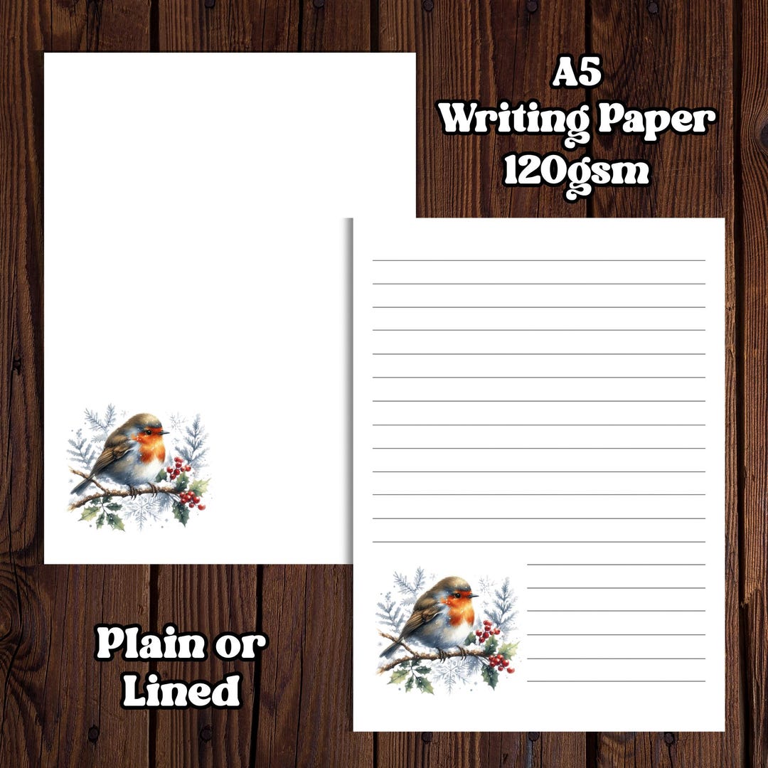 Christmas Robin Writing Paper, 10 X A5 Sheets 120gsm Lined or Unlined ...