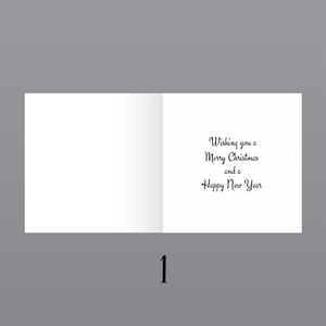 May include: An open white Christmas card with the message "Wishing you a Merry Christmas and a Happy New Year" in black script. The number "1" is at the bottom of the card.