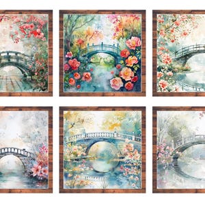 May include: Six framed watercolour paintings showcase arched bridges over water, surrounded by colourful flowers and foliage. The artwork features a soft, impressionistic style with pinks, greens, and blues, evoking a serene, natural setting.