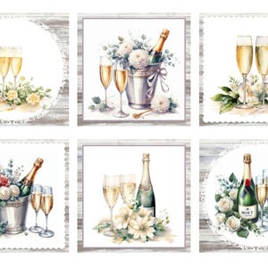 May include: Watercolour illustrations of champagne bottles, flutes, and floral arrangements. The images feature bottles of champagne, glasses of bubbly, and bouquets of white flowers, ideal for wedding or celebration decor.