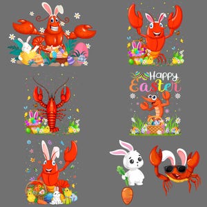 May include: A collection of cartoon illustrations featuring Easter-themed crustaceans. The images include a red lobster and crab wearing bunny ears, surrounded by Easter eggs, chicks, and butterflies. One image has the text "Happy Easter".