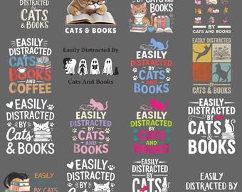 Easily Distracted By Cats And Books PNG – Funny Cat Book Lover Reading Meme Sublimation