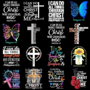 Pode incluir: Dezesseis designs com o texto "Tudo posso naquele que me fortalece" de Filipenses 4:13. Os designs apresentam cruzes, borboletas, um leão, um girassol e luvas de boxe.