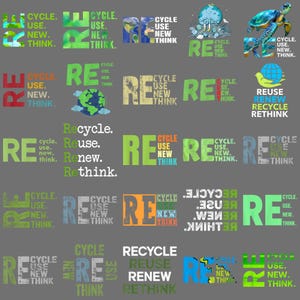 Puede incluir: Una colección de diseños gráficos con las palabras "CYCLE. USE. NEW. THINK." y "RE" en varios colores y estilos. Algunos diseños incluyen imágenes de la Tierra, una tortuga y un pájaro con un globo. Los diseños promueven el reciclaje y la conciencia ambiental.