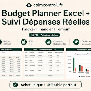 Peut inclure: Un tableur de planification budgétaire numérique avec du texte vert foncé sur fond clair. Il comprend des sections pour le budget mensuel, le suivi des dépenses et un graphique comparatif annuel. Le texte indique Budget Planner Excel + Suivi Dépenses Réelles et Tracker Financier Premium.