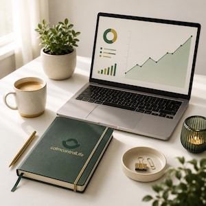 May include: A dark green notebook with the gold text calmcontrolLife, a laptop displaying a green and gold data chart, a beige ceramic mug, a gold pen, a small beige bowl with two gold paper clips, and a green glass candle holder.