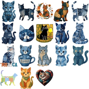 May include: A collection of whimsical cat illustrations. The cats are crafted from denim, patchwork, and other decorative patterns. Some cats are blue, orange, and black. One cat is inside a coffee cup, and another has the word "'MERICA" on it.