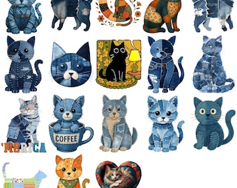 Grazioso gatto in denim patchwork PNG, divertente clipart di un amante dei gattini, design di animali patchwork trapuntati, download digitale a sublimazione, divertente arte di gatti