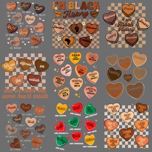 May include: A collage of heart-shaped designs with text, featuring "I'm Black History" and phrases such as "Dream Like Martin" and "We can be different on the outside but we have the same heart inside." The hearts are in various colours and shades.