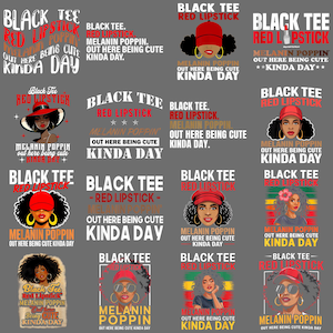 Puede incluir: Una colección de diseños gráficos con los textos "Black Tee Red Lipstick" y "Melanin Poppin Out Here Being Cute Kinda Day." Los diseños incluyen ilustraciones de mujeres con lápiz labial rojo, sombreros y gafas de sol.