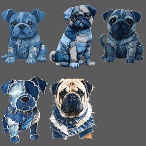 May include: A collection of five pug dog illustrations. Each dog is depicted in a sitting position and rendered in a patchwork denim style, with varying shades of blue and gray. The dogs have detailed facial features and are set against a gray background.