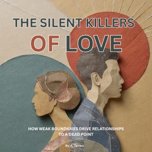 Puede incluir: Portada de libro con el título "THE SILENT KILLERS OF LOVE" en letras grises oscuras y rojas. La imagen presenta siluetas recortadas en papel de un hombre y una mujer, con un círculo rojo y un círculo azul en el fondo. El texto de abajo dice "HOW WEAK BOUNDARIES DRIVE RELATIONSHIPS TO A DEAD POINT".