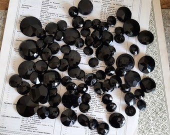 90 x Vintage Black Glass Buttons, Mixed Sizes.