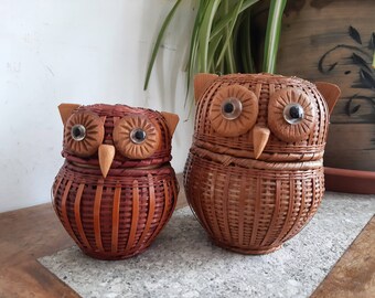 Two Little Wicker Rattan Owl Storage Baskets 10cm - 13cm