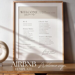 以下が含まれることがあります： ミニマリストデザインの「WELCOME enjoy your stay!」のテキストが入った、額入りのAirbnbウェルカムサイン。サインには、Wi-Fi、ハウスルール、チェックアウトの手順、連絡先情報などのセクションが含まれています。「AIRBNB TEMPLATE」の文字が下部にあります。