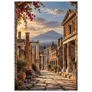 May include: A stone-paved street winds through ancient Roman ruins with weathered brick buildings and tall columns. Pink bougainvillea flowers hang in the foreground, while a large mountain rises in the distance under a soft, golden sunset sky.