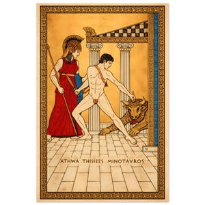 May include: A vintage illustration of a scene from Greek mythology. A warrior in red and gold armour stands with a spear, while a nude figure confronts a bull-like creature. The text "ATHWA. THISSEES. MINOTAVROS" is at the bottom.