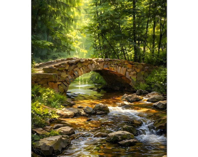 Featured listing image: Forest Stone Bridge Waterfall Print | Long Exposure River Landscape Wall Art