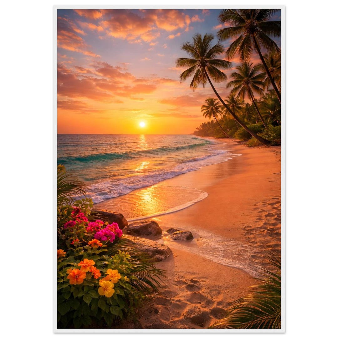 Tropical Sunset Beach Poster | Golden Hour Ocean Wall Art, Framed ...