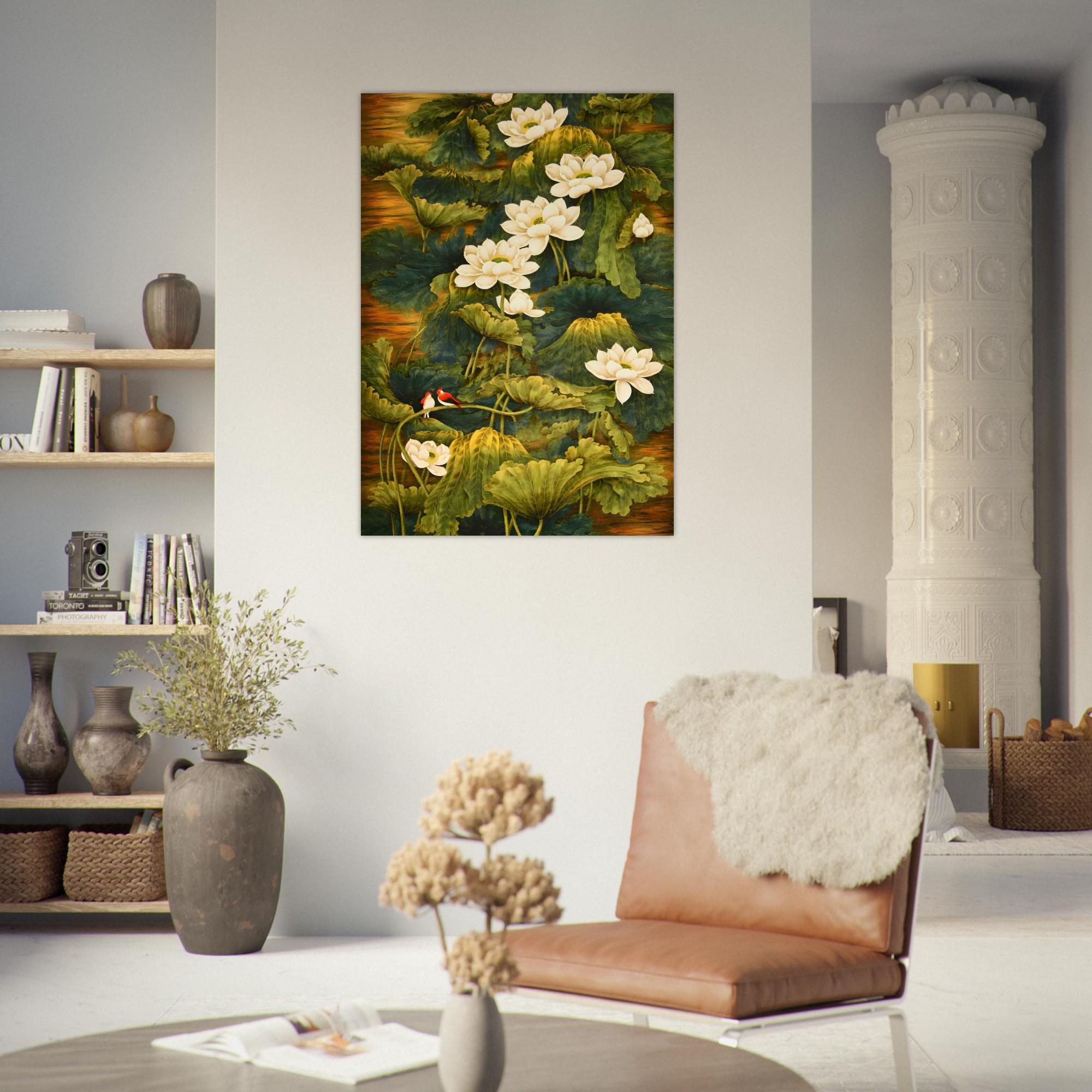 Chinese Lotus Flower Art Print | Green Botanical Wall Decor, Feng Shui ...