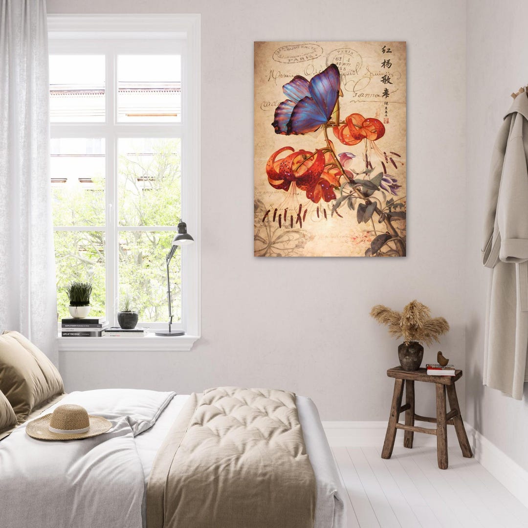 Vintage Butterfly Wall Art Print - Botanical Lily Poster With Antique ...