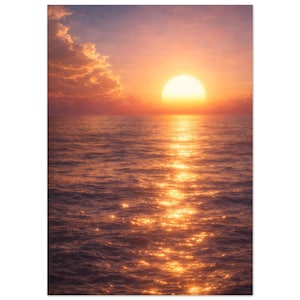 Peut inclure: Une impression vibrante représentant un coucher de soleil sur l'océan. Le soleil est un globe jaune vif, projetant une lueur dorée sur l'eau. Le ciel est un mélange de teintes orange, rose et violet, avec des nuages duveteux. La surface de l'océan scintille.