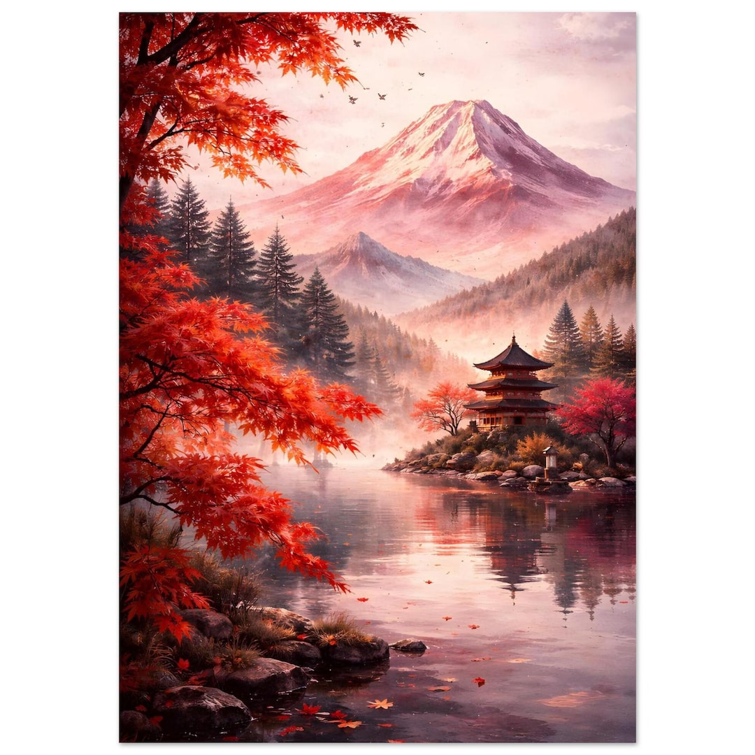 Japanese Landscape Print – Mount Fuji, Maple Tree, Pagoda Zen Wall Art ...