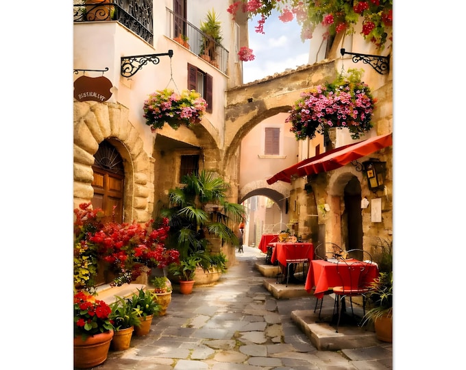 Featured listing image: Italian Alleyway Print - Rustic European Cafe Wall Art